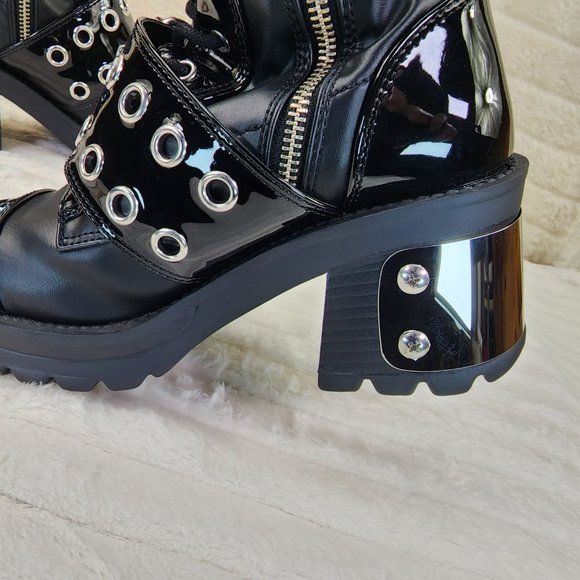 Bratty Big Buckle Strap Drape Chain Block Heel Stretch Thigh Goth Boots - Picture 14 of 15